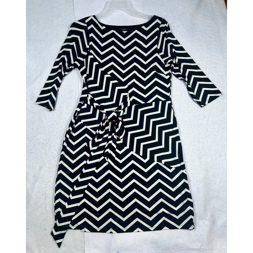 Ann Taylor Petite L Womens Black White Chevron Belted 3/4 Sleeve Sheath Dress